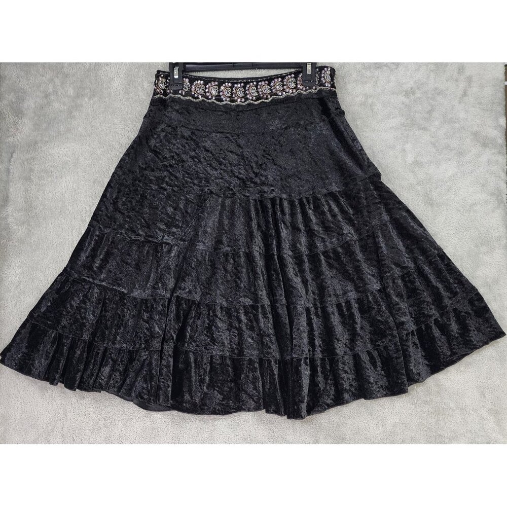 Mix Nouveau Skirt Womens Large Black Velvet Paisley Boho Tiered Ruffle Midi‎